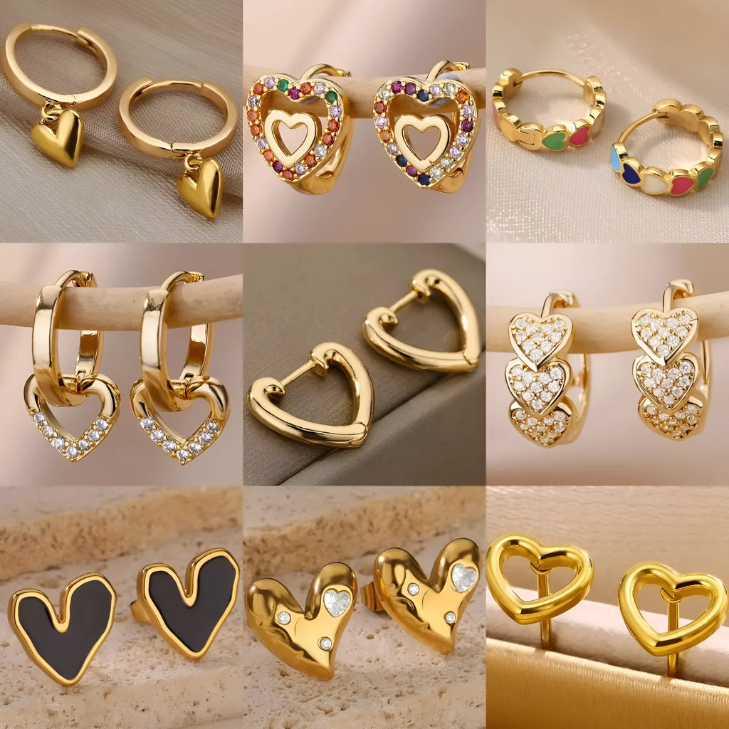 Heart-shaped stainless steel stud earrings with zircon accents in 18K gold tone E3127G-5 colour