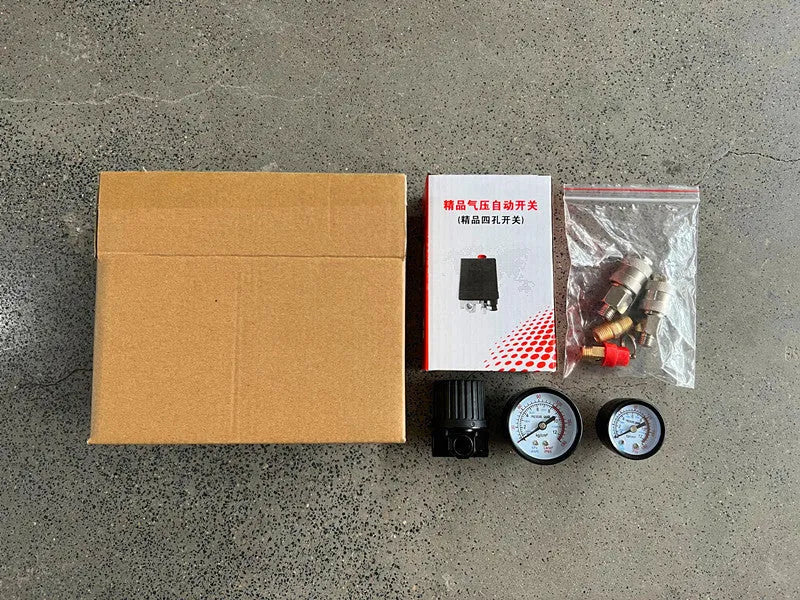 European style air compressor pressure switch with technical specifications printed on housing