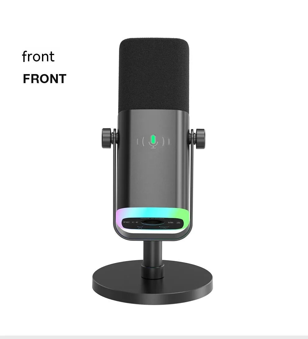 Black condenser microphone with pop filter on a desktop stand, with XLR and data cables.
