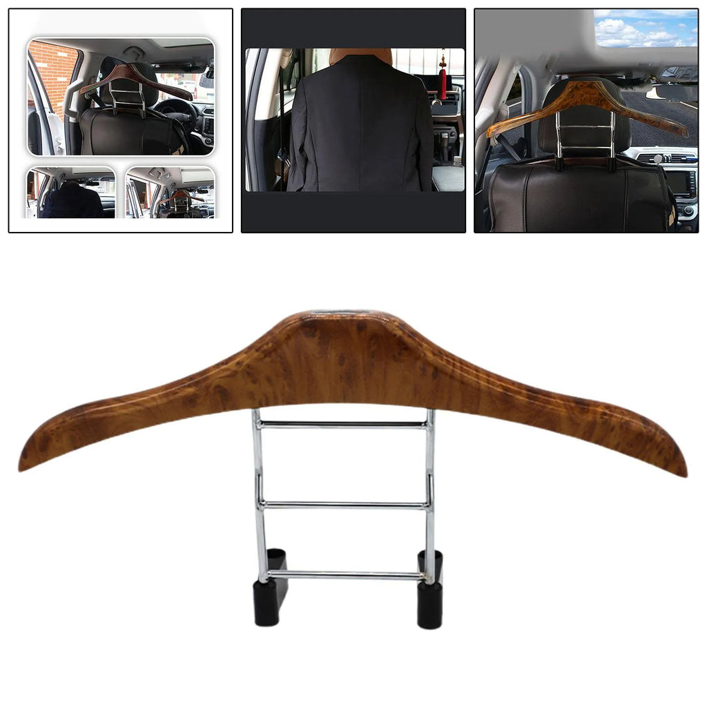 Wood yellow stainless steel car clothes hanger with detachable hooks for seat backs.