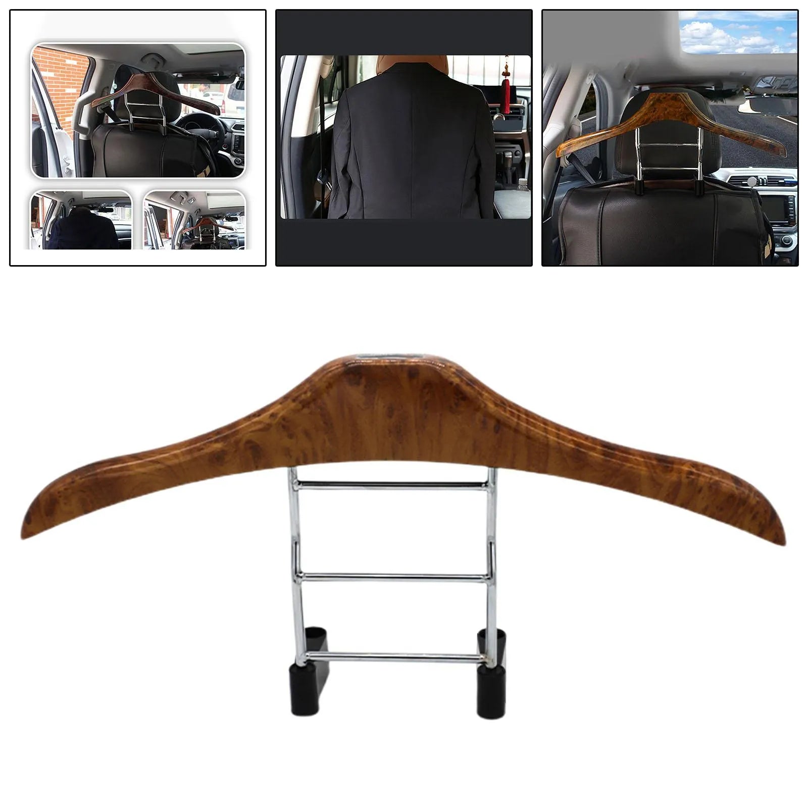 Wood yellow stainless steel car clothes hanger with detachable hooks for seat backs.