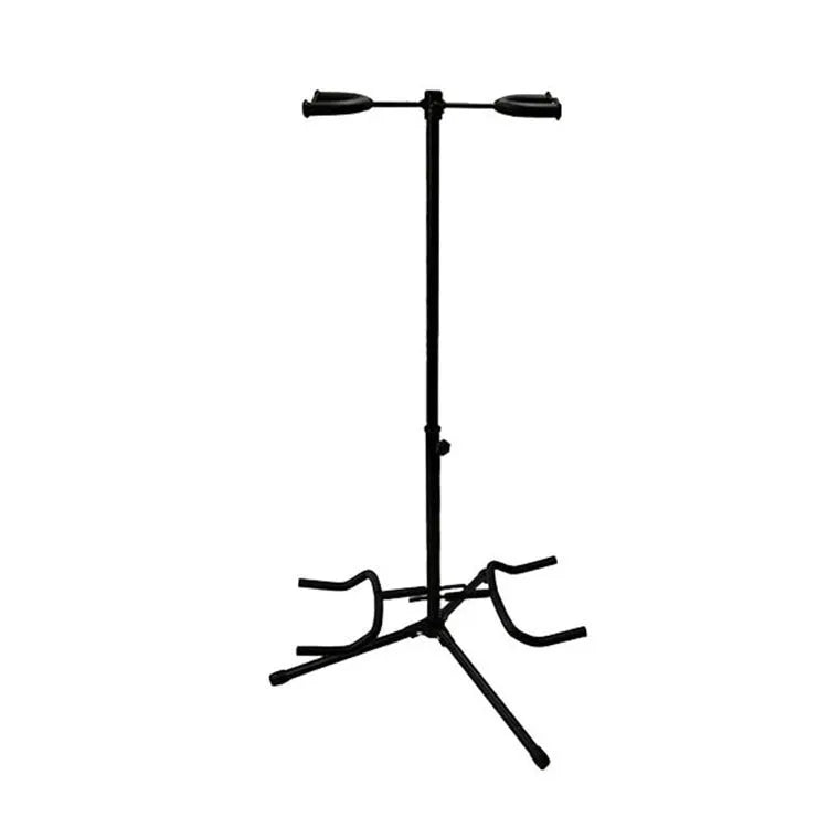Black iron vertical guitar stand with two heads holding an electric and acoustic guitar.