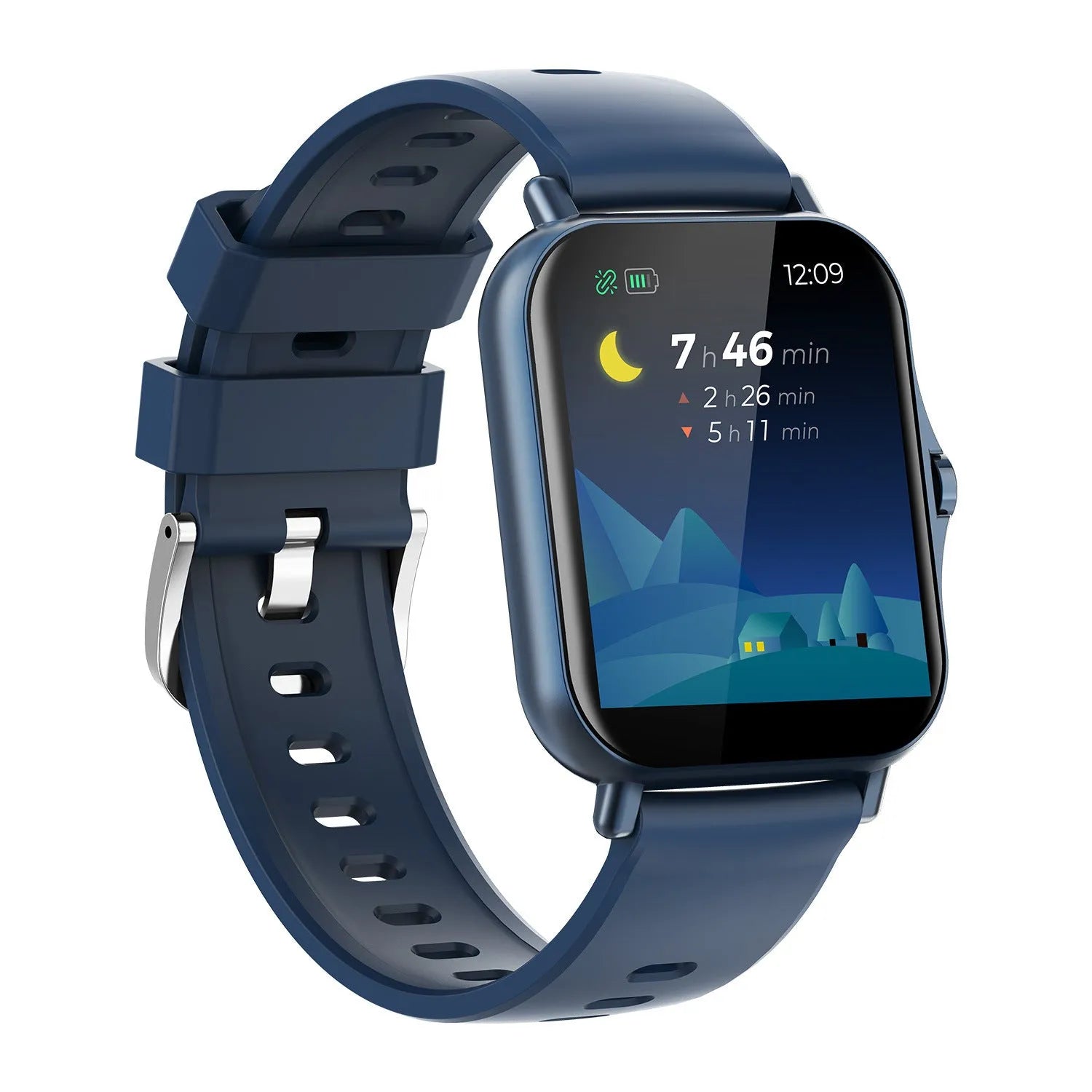 W10 smart watch in black showing heart rate display on its 1.75-inch curved touch screen.