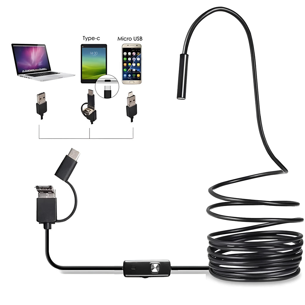 Android USB endoscope with waterproof camera, flexible cable, side mirror, hook, and magnet accessories