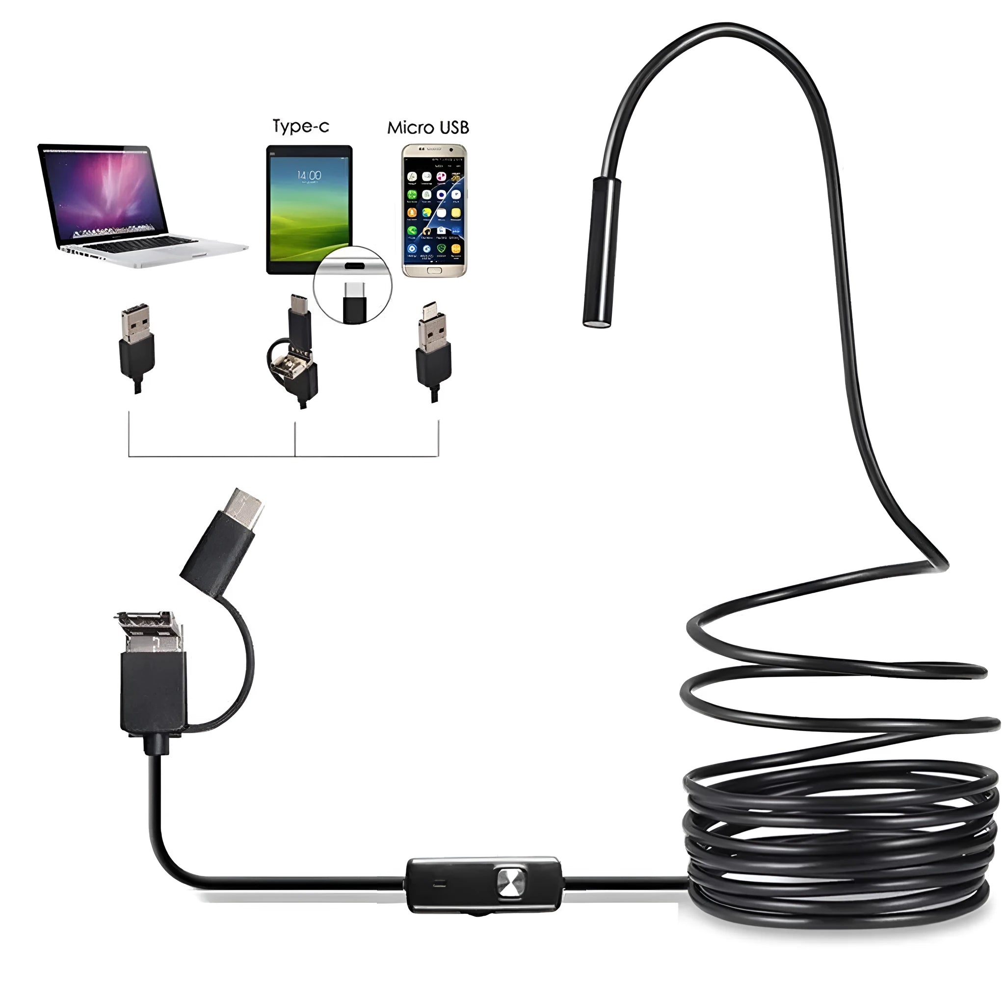 Android USB endoscope with waterproof camera, flexible cable, side mirror, hook, and magnet accessories