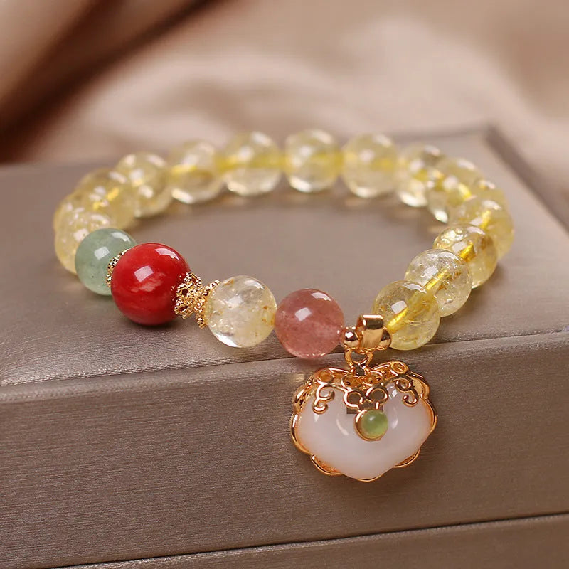 Yellow hair crystal jade ruyi pendant bracelet on alloy chain for women