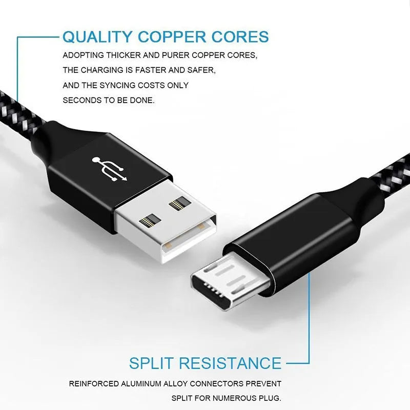 Braided fast charging data cable with Micro USB connector for Android phones in various colours and lengths.