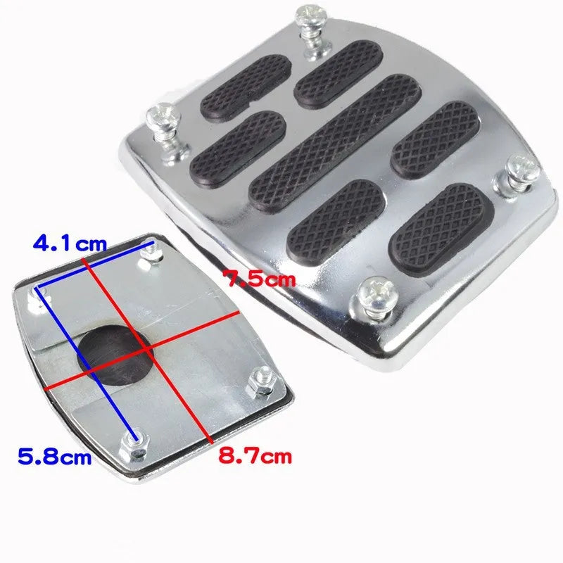 Metal motorcycle brake pedal skid plate replacement part showing three colour options