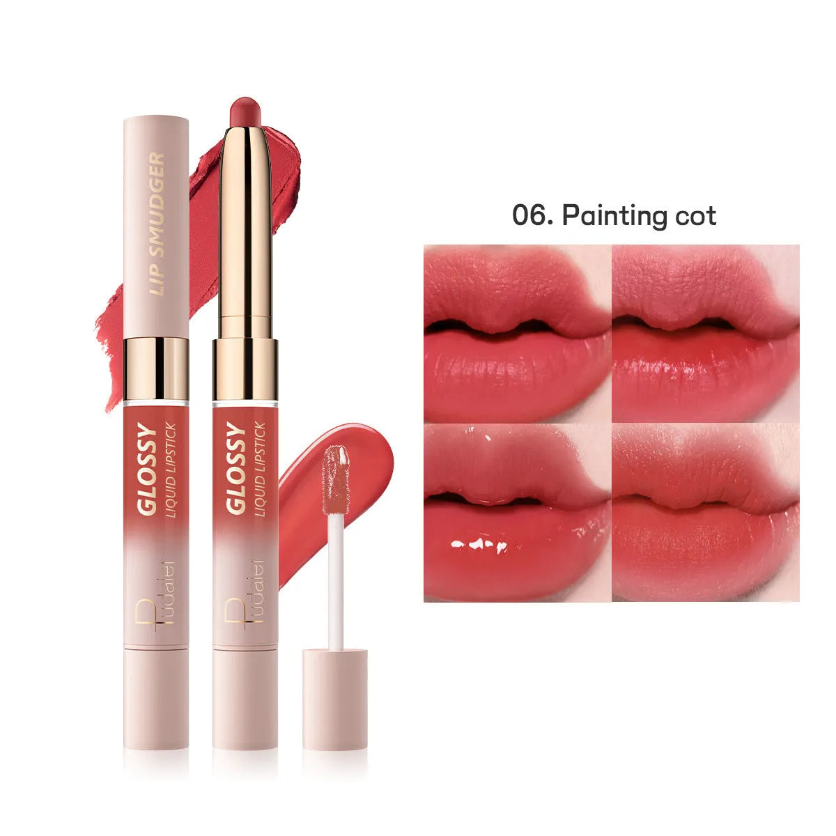 Double-headed lipstick lip gloss with matte finish showing 10 different colour options numbered 01 through 10