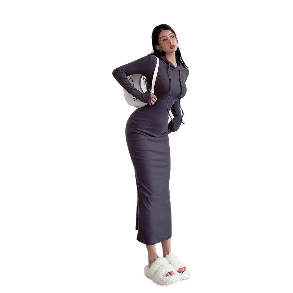 Women's grey polyester sheath dress with long sleeves and a high waist, knee-length.