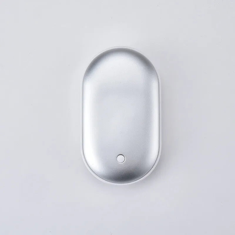 Compact rechargeable hand warmer and power bank with digital display in assorted colours.