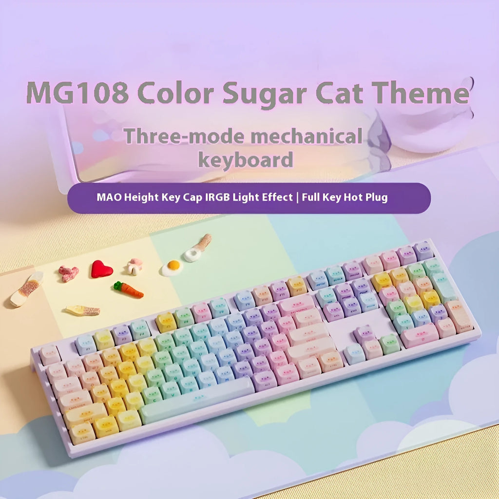 MG108B Colour Candy Cat theme Bluetooth mechanical keyboard with colourful pattern and 108 keys.