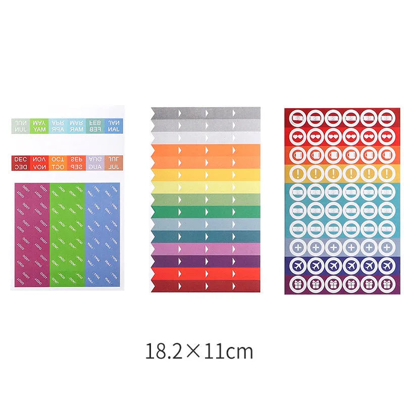 Assorted adhesive stickers and sticky notes showing grid formats and colourful designs with A6 ruler versions