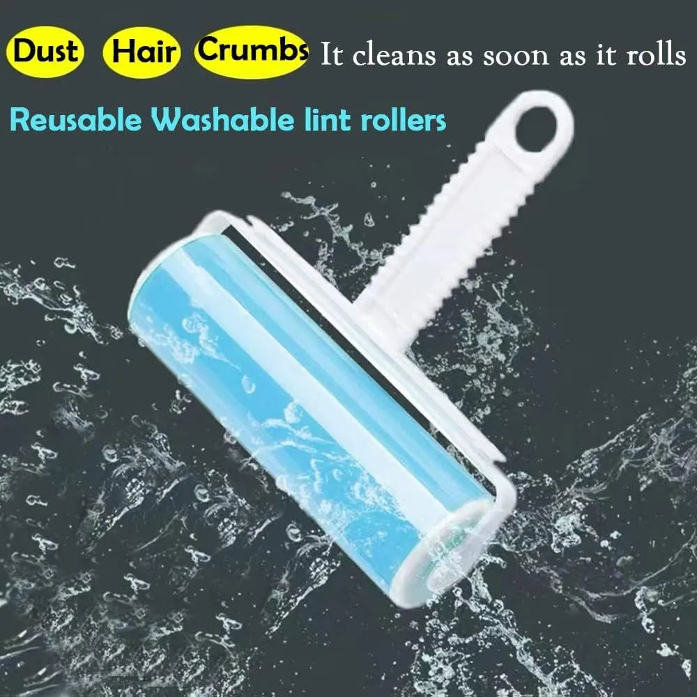 Blue washable reusable lint roller with cover for removing pet hair from clothes.