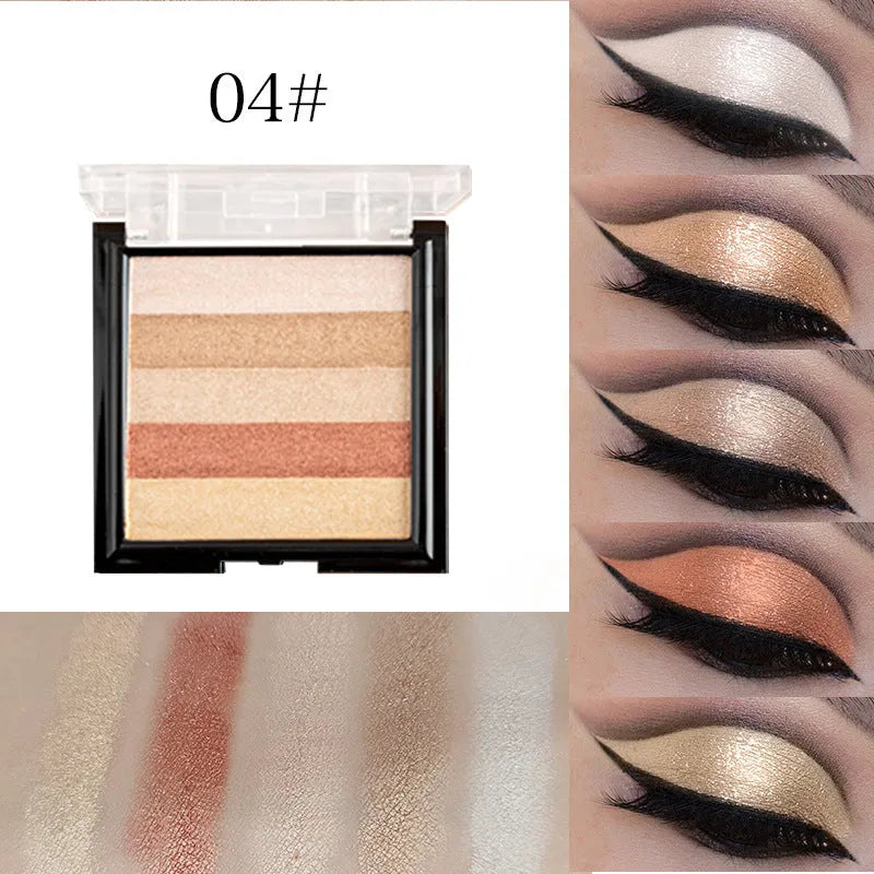 A compact of highlight eye shadow in one of six colour styles, shown open to display the powder.
