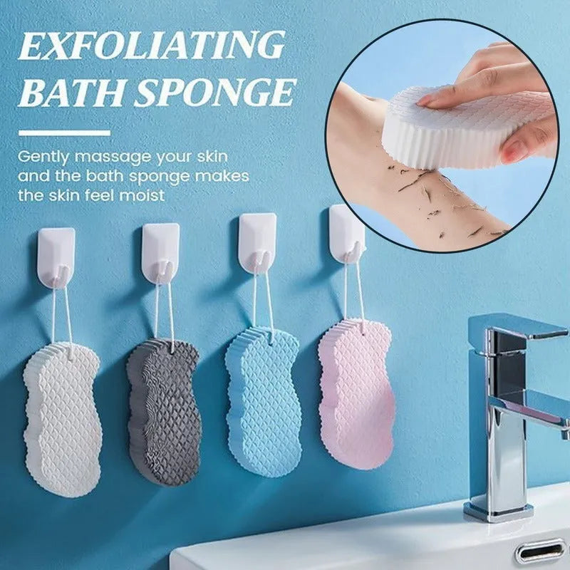 White 3D fish scale pattern bath sponge ball on a bathroom surface