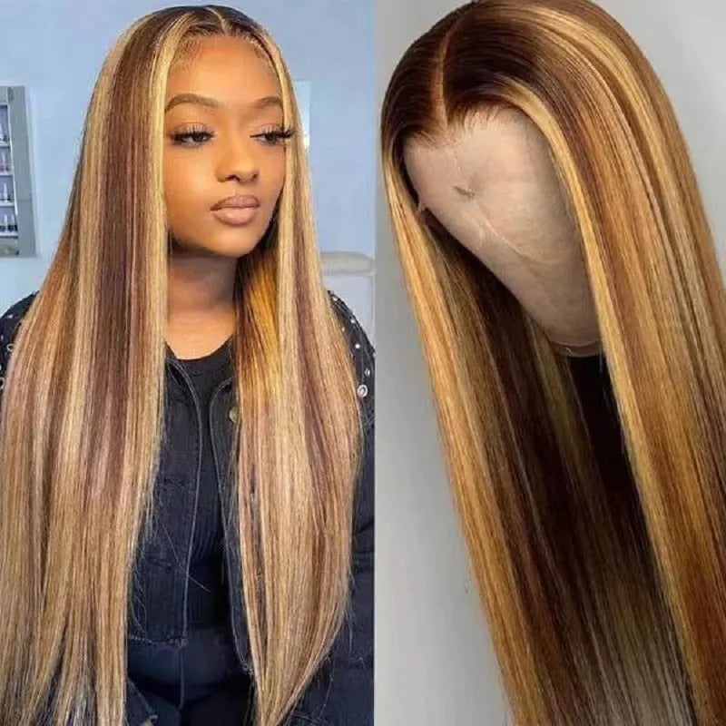 Front lace wig with long black gradient curly hair and side fringe, shown in big wave style.