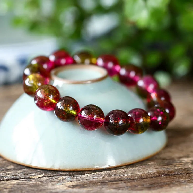 Handmade women's bracelet with green Watermelon Crystal beads in a casual pastoral style.