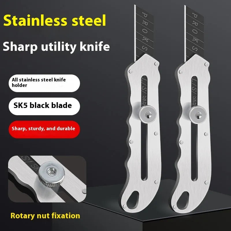 Stainless steel folding art knife with black blade and a pack of long and trapezoidal blades