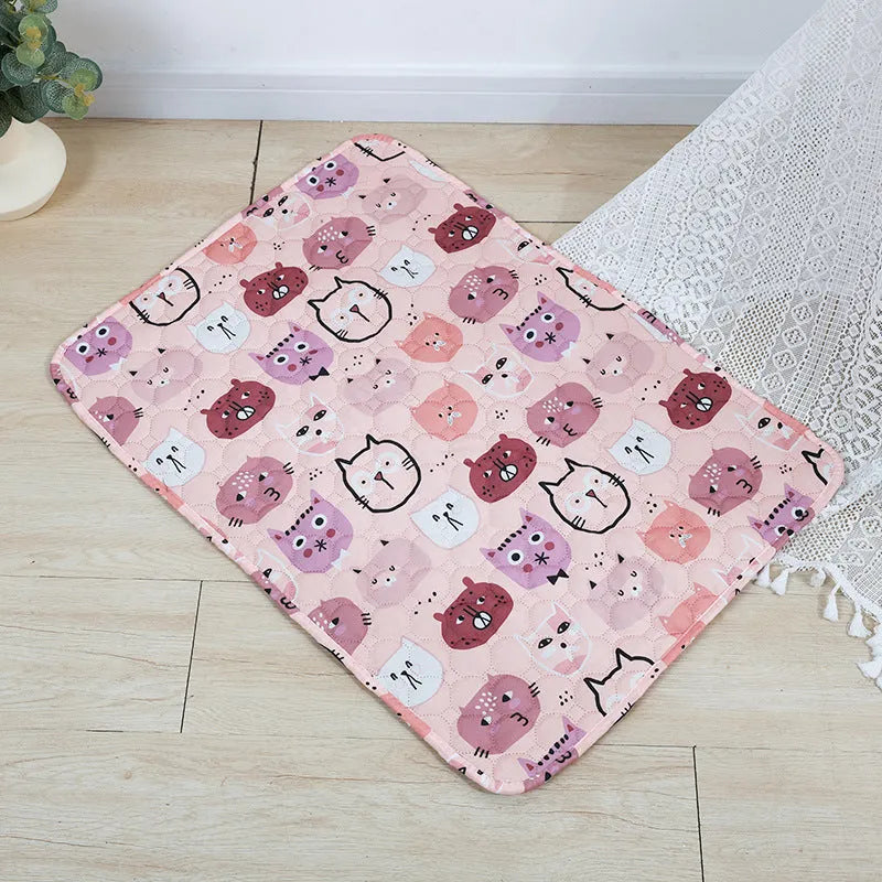 Reusable washable pet urine pad with animal print design and waterproof layer.