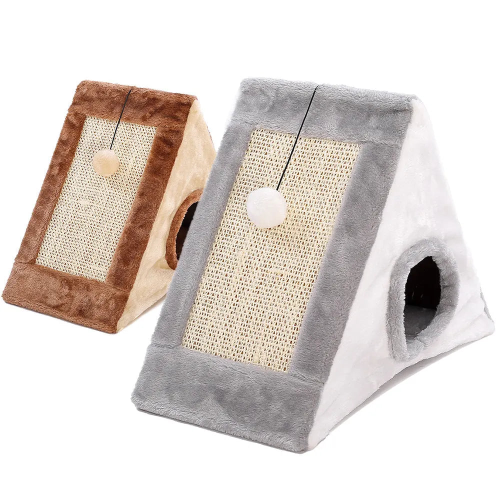 Triangle-shaped cat bed with integrated sisal scratching surfaces on raised platforms