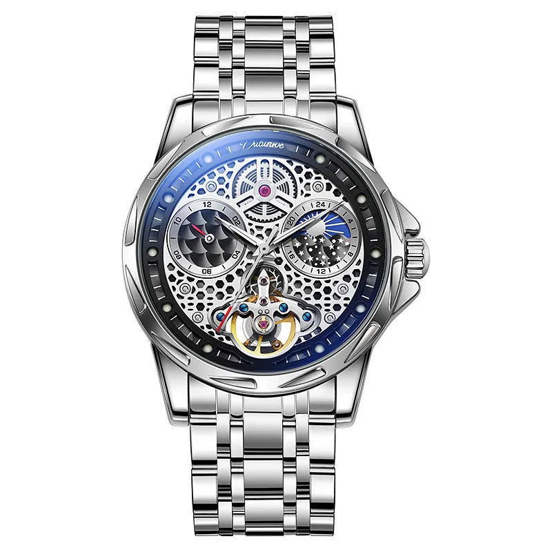 Men's automatic waterproof watch with luminous hands and stainless steel case on leather strap