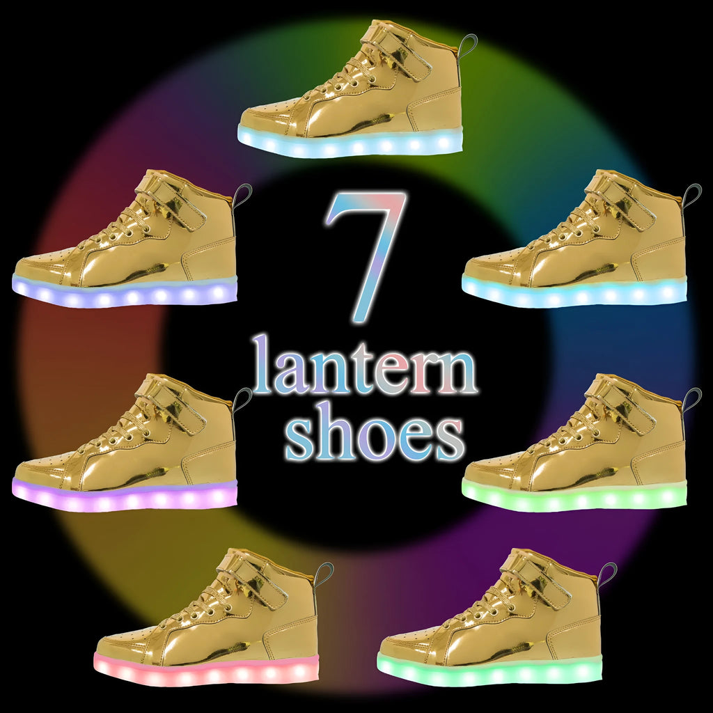 LED high-top board shoes with lights, Velcro fastening, in black gold or white colours