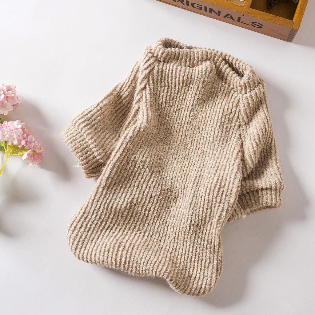 Brown knitted dog sweater pullover for small breed dogs on mannequin