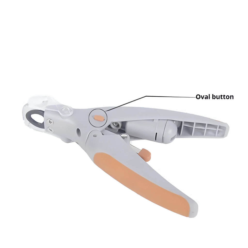 White and blue dog nail clipper with a visible blood line indicator window and a separate safety guard on a blister card.