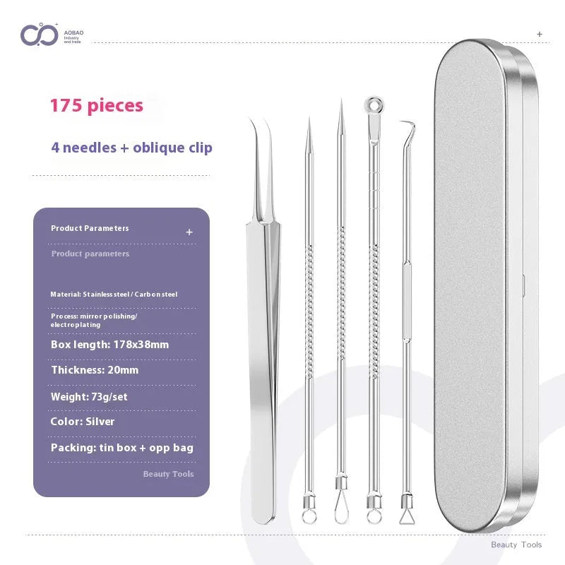 Four metal acne needles with pointed tips arranged on a clean surface.
