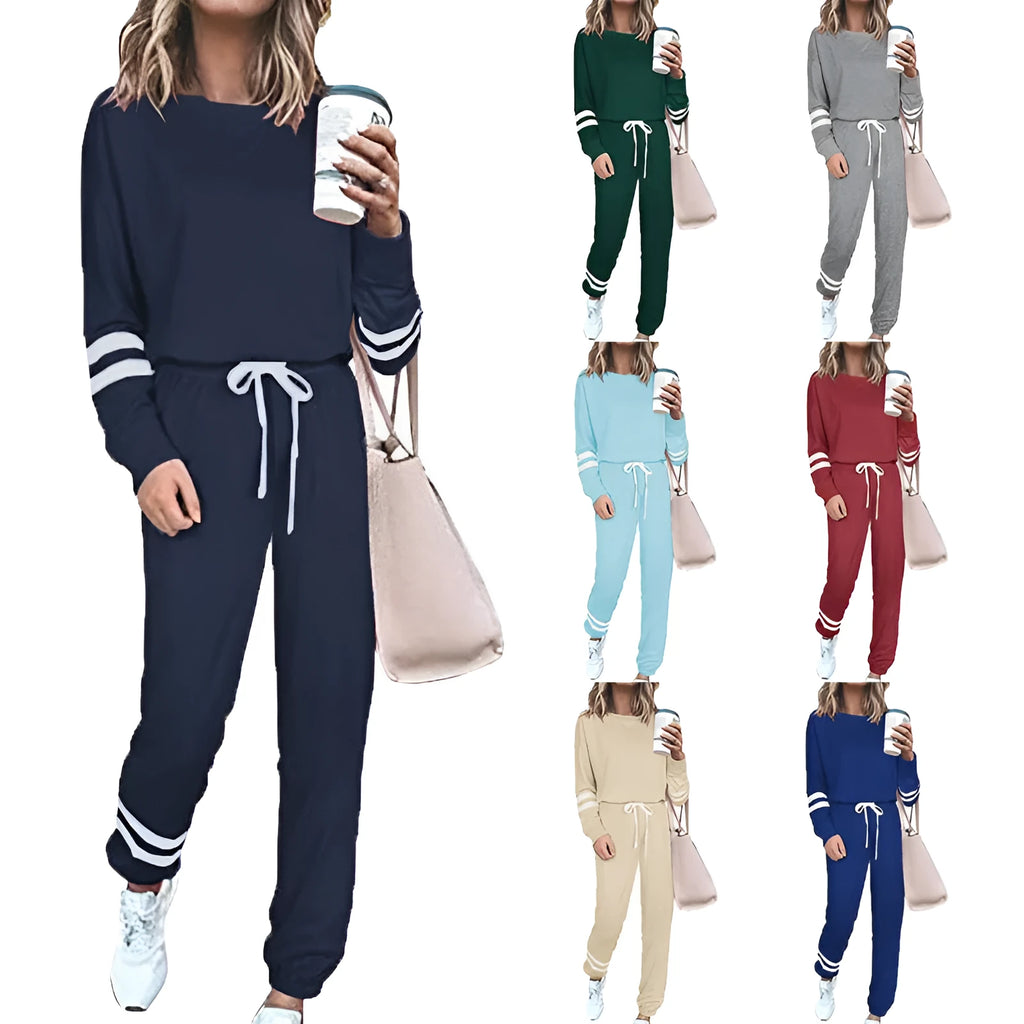 Women's plus size casual suit set with loose-fitting top and trousers in solid colour