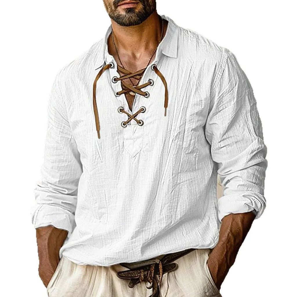 Men's loose fit linen blend shirt with white lace detail on lapel collar, shown in blue.