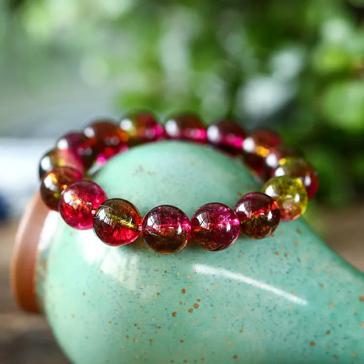 Handmade women's bracelet with green Watermelon Crystal beads in a casual pastoral style.