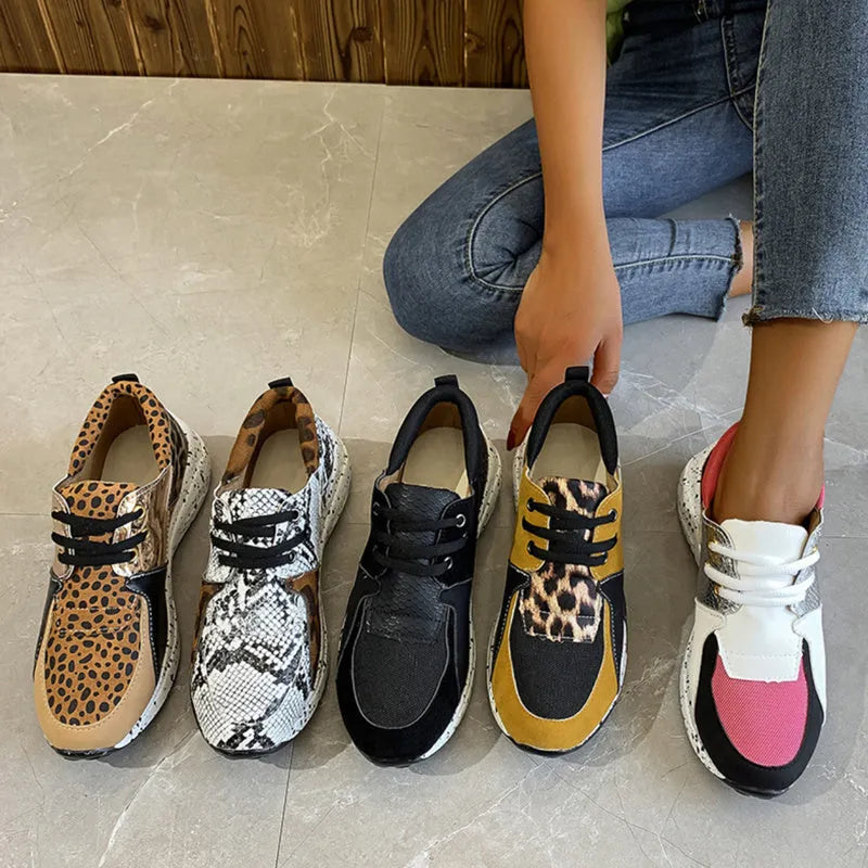 Women's wedge heel suede sneakers in leopard print with round toe and low-cut design