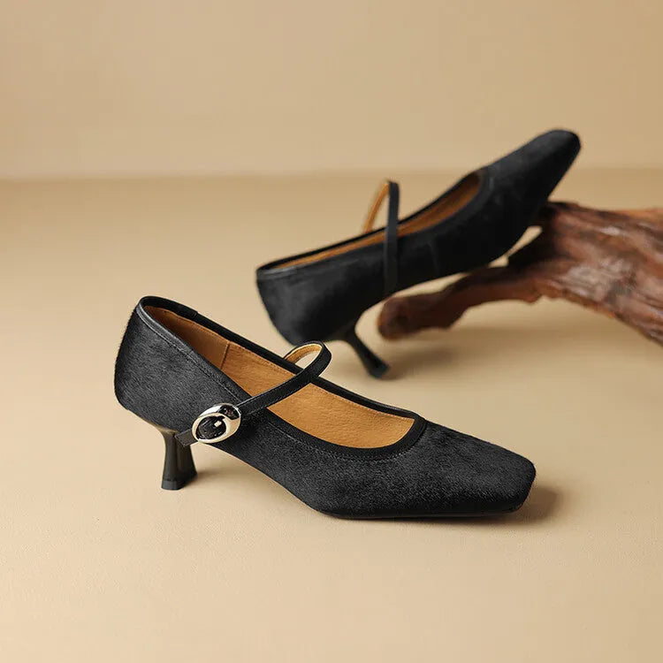 Women's black retro high heels with horse hair upper, square toe, stiletto heel, and an ankle strap buckle.