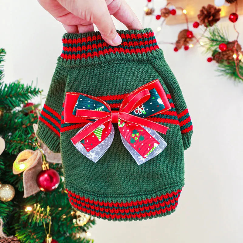 Red and green dog christmas sweaters, polyester festive pet jumper for small to medium dogs.