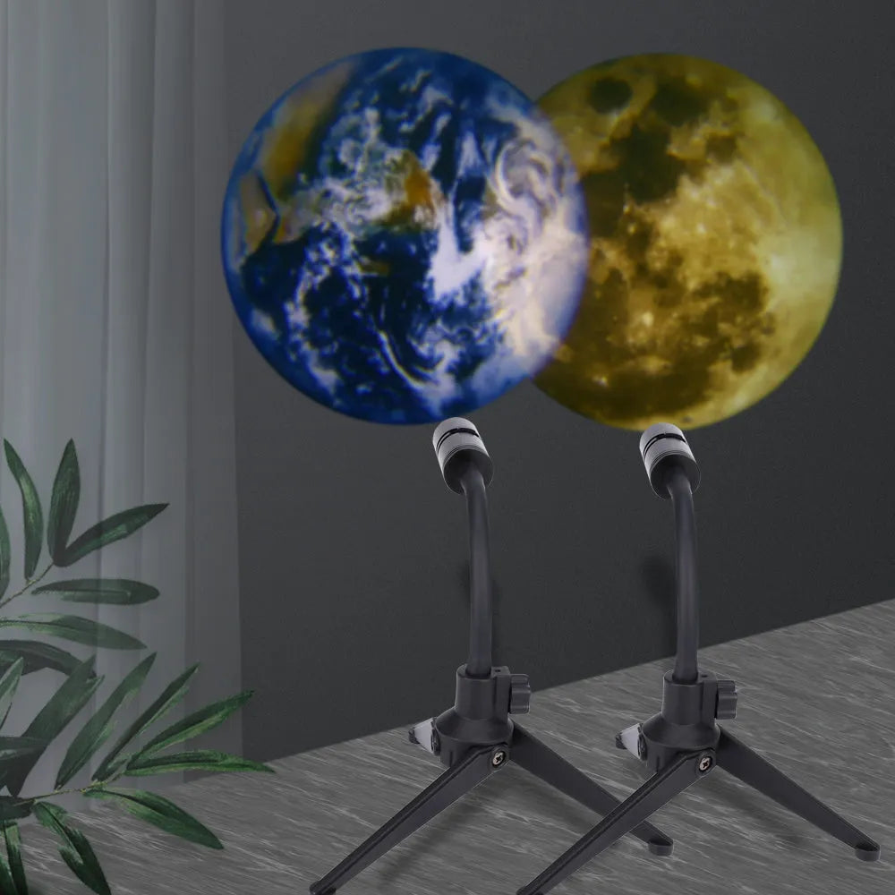 Earth and moon projection night light with flexible hose bracket on a bedside table.