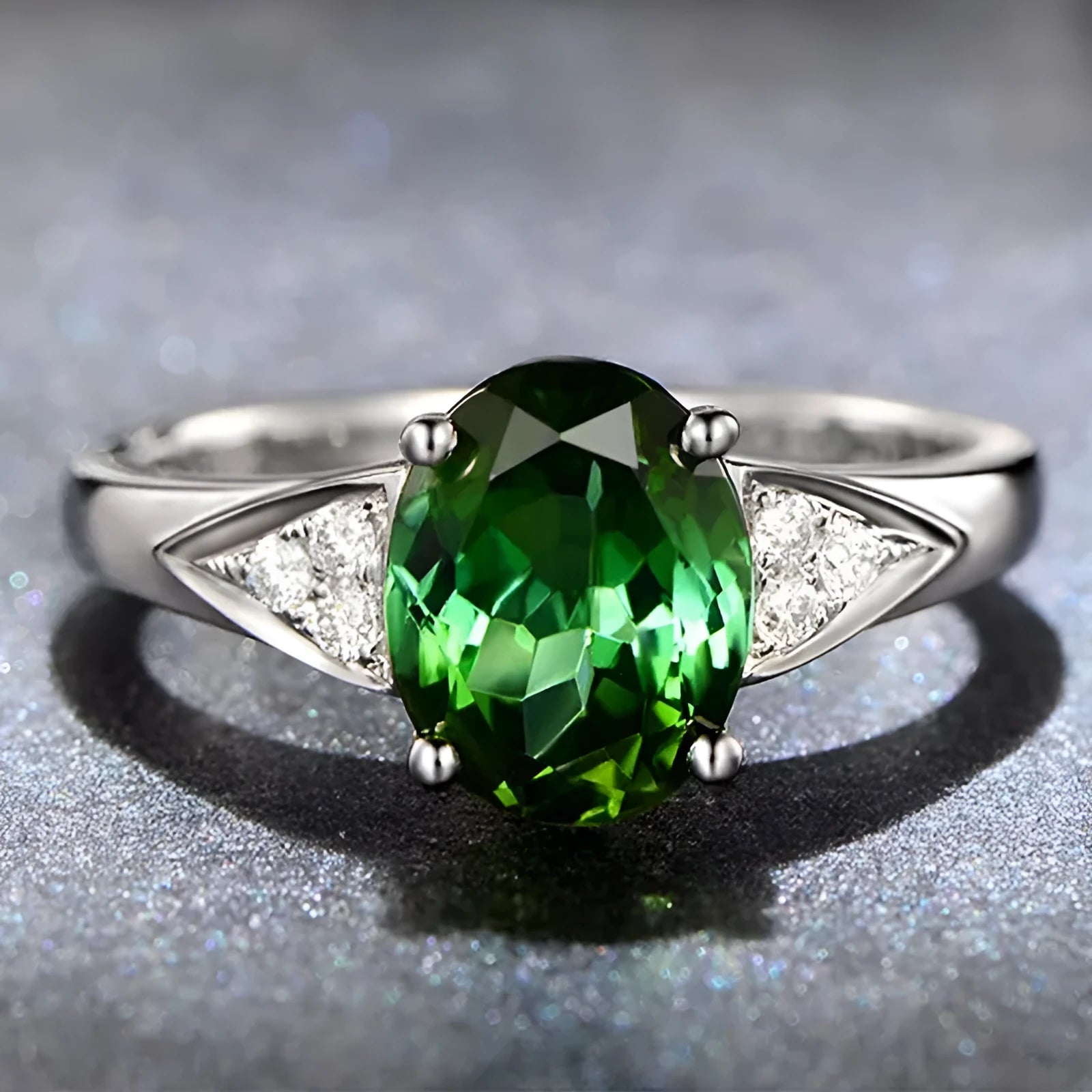Close-up of a women's court style ring with a red zircon set in a heart-shaped pattern.