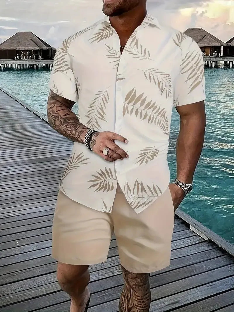 Man wearing a men's Hawaii-themed 3D printed short sleeve suit with matching shorts.