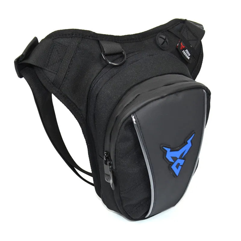 0105MC motorcycle riding leg bag in 1200D Oxford cloth shown in red, blue, green, and grey colour options.