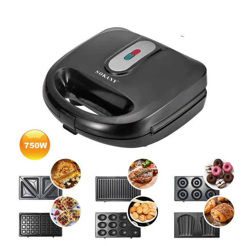 Black electric sandwich pan with double-sided heating and brushed stainless steel cover