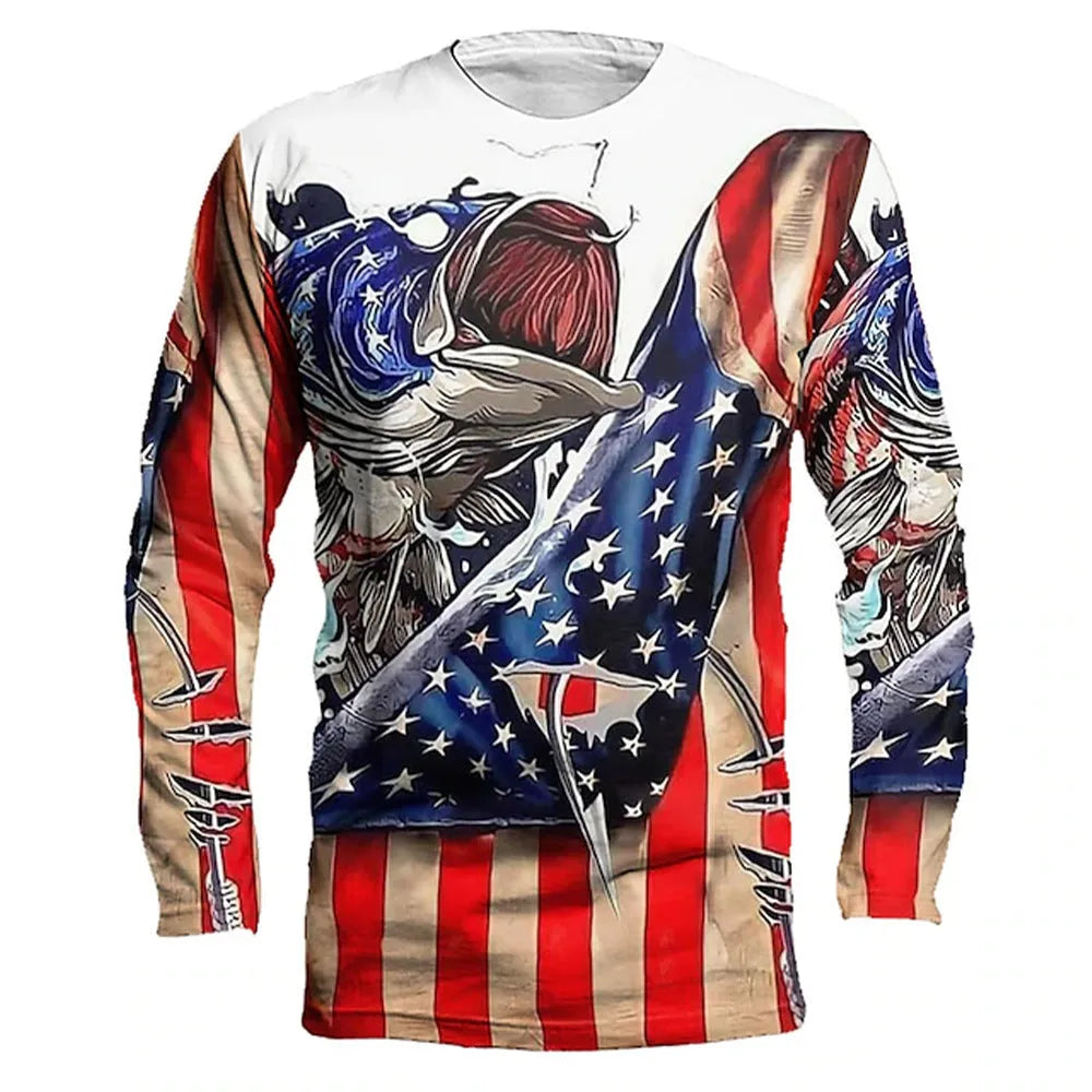 Men's grey pullover with a large printed blue fish design on the front, featuring long sleeves and a round neck.