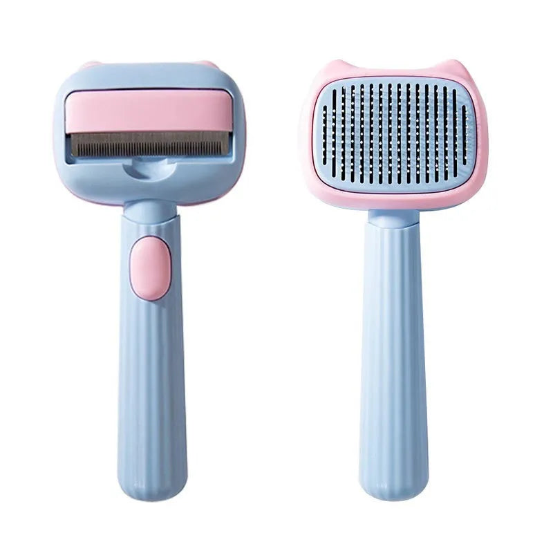 Red double-sided pet deshedding brush with dematting comb on a white background.