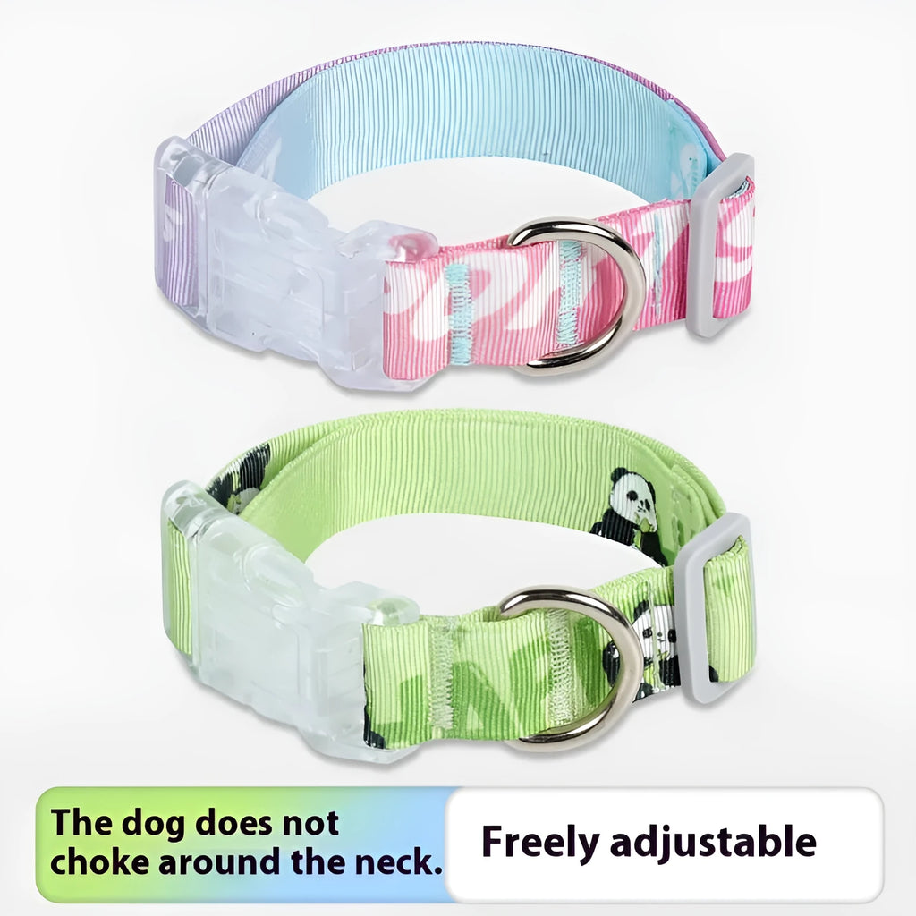 Adjustable nylon dog collar with cartoon gradient print and plastic buckle on a white background.