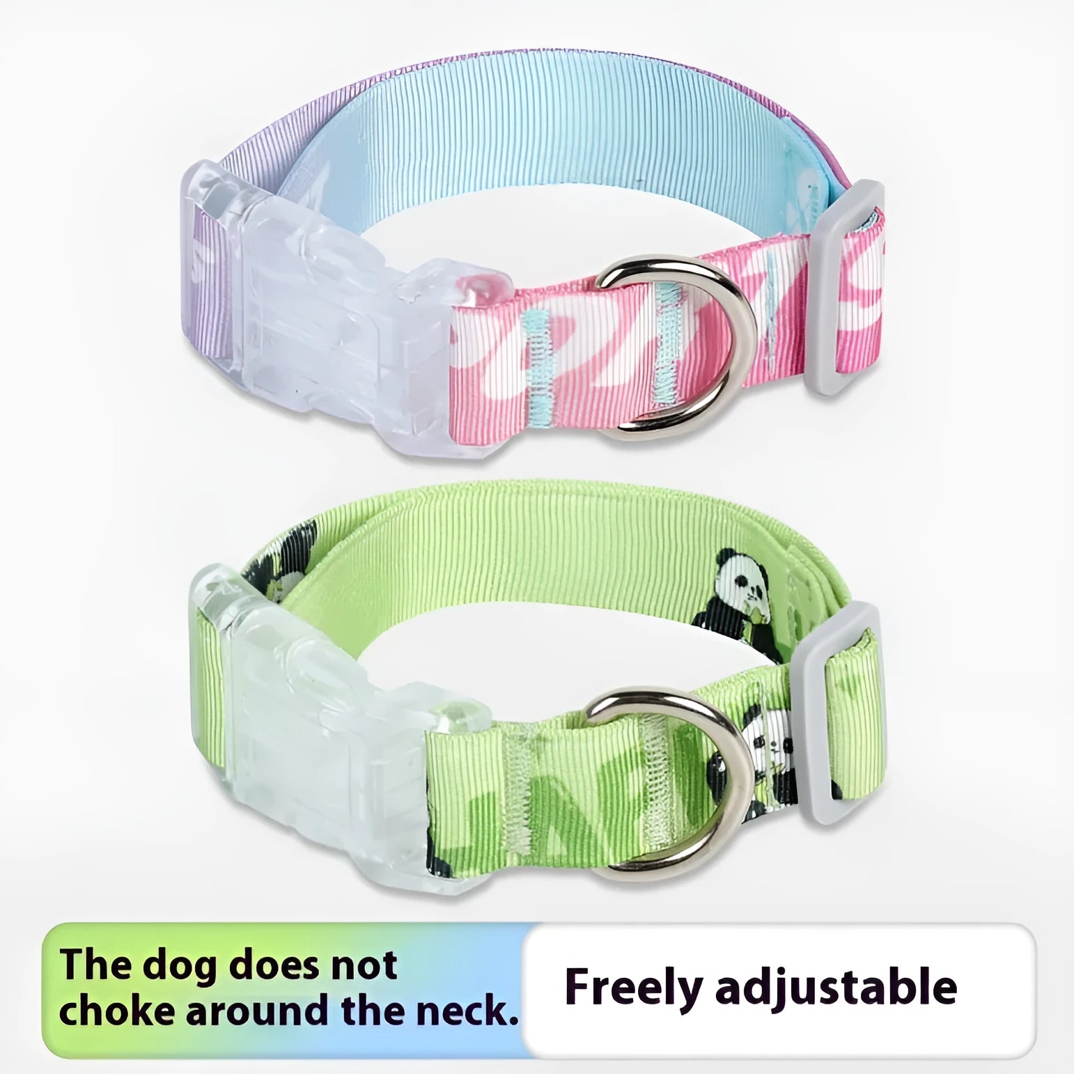 Adjustable nylon dog collar with cartoon gradient print and plastic buckle on a white background.
