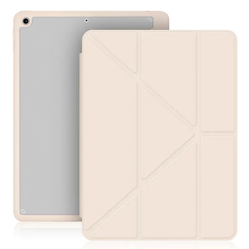 Acrylic Y folding iPad protective case in dark grey showing folding stand and built-in pen slot