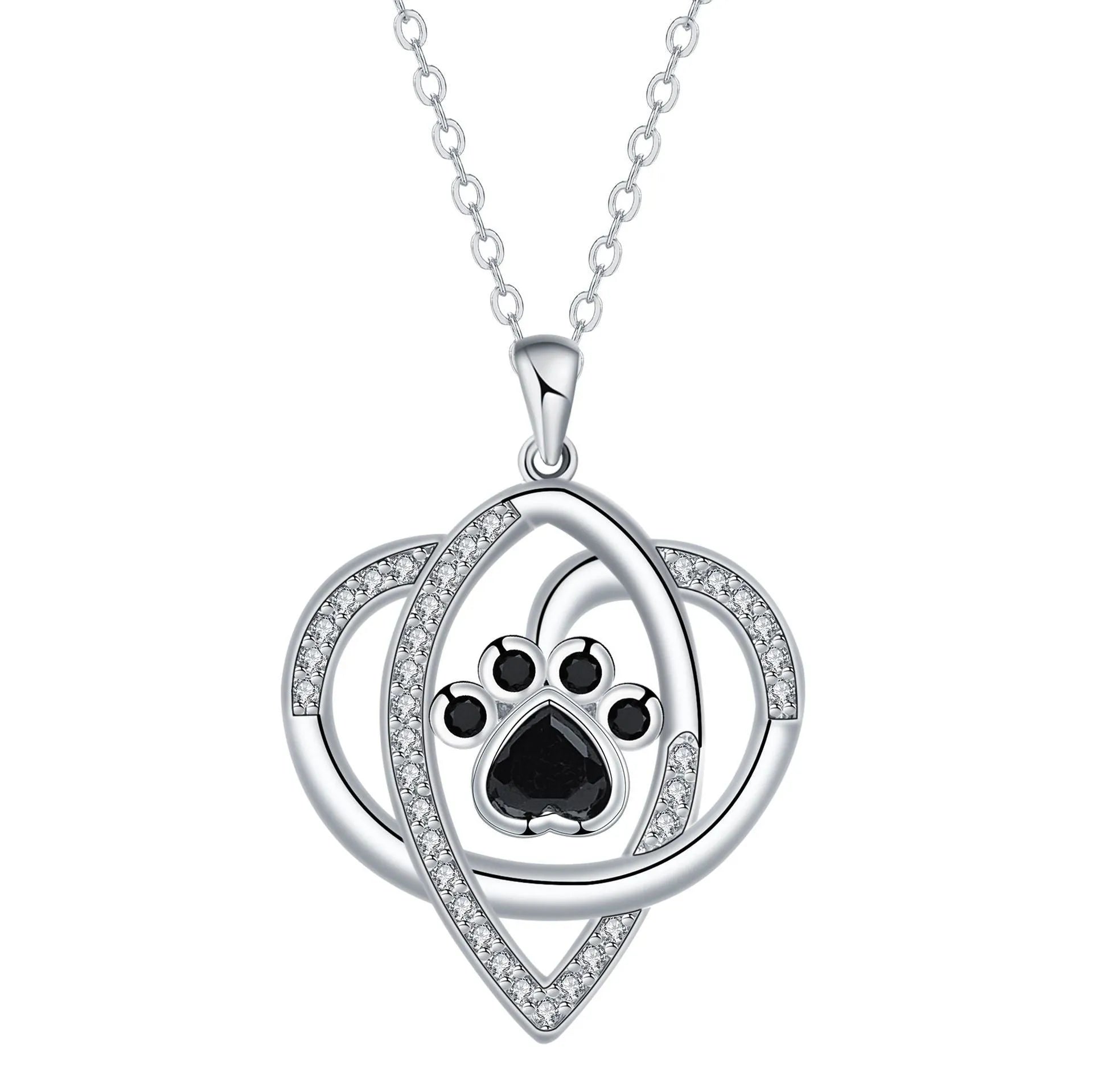 Copper pendant necklace with dog and cat paw print design on a cross chain