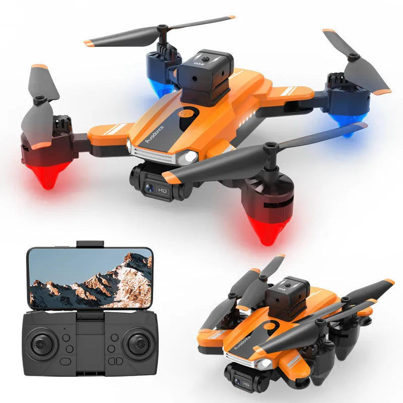 Orange and black quadcopter drone with dual cameras and propeller guards, shown on a white background