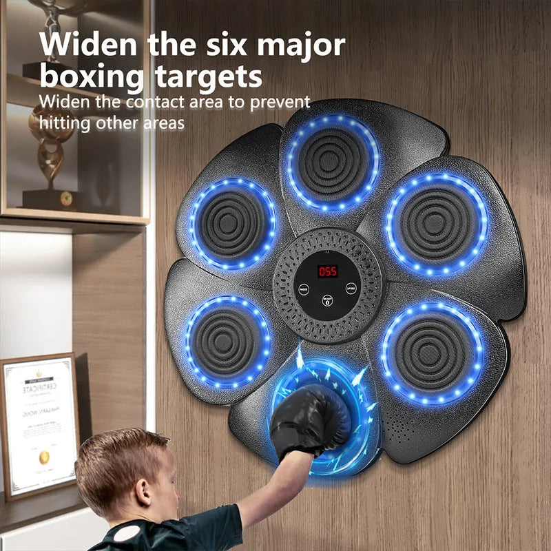 Black smart boxing target with lights and half-finger gloves for indoor teenage training