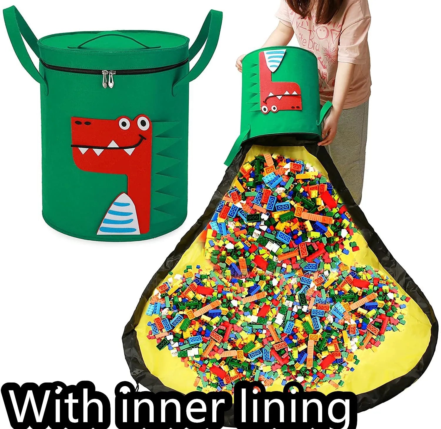 Green felt storage cube with pull rope unfolded as waterproof play mat for children's toys